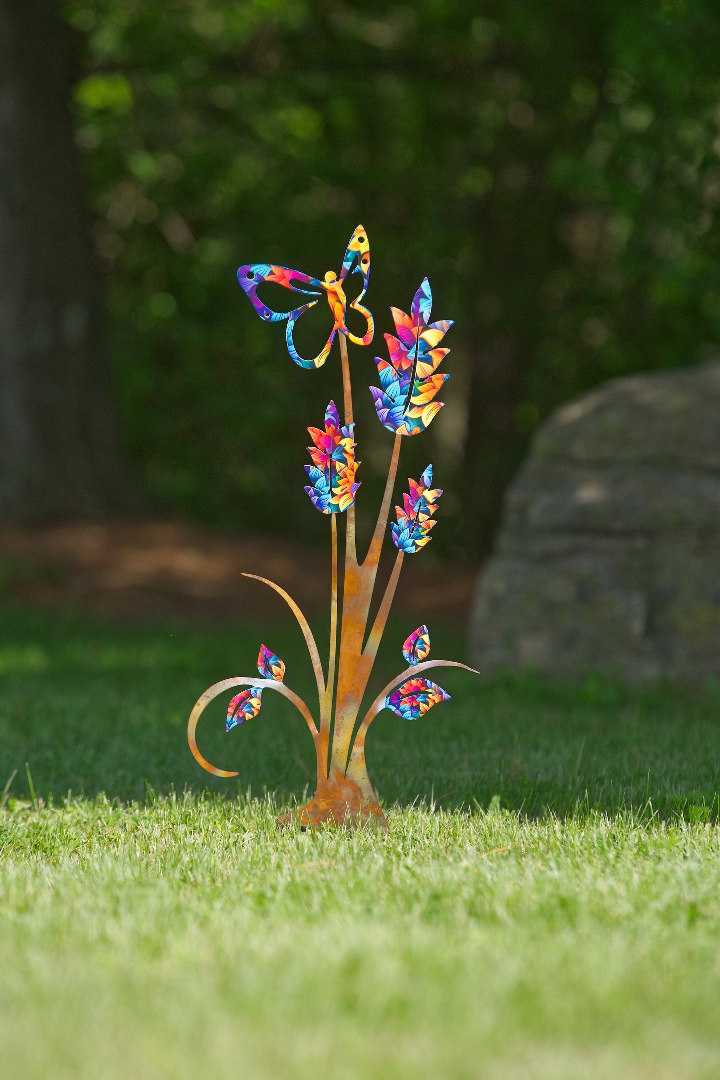 Butterfly on Plant Floral Garden Stake - Happy Gardens