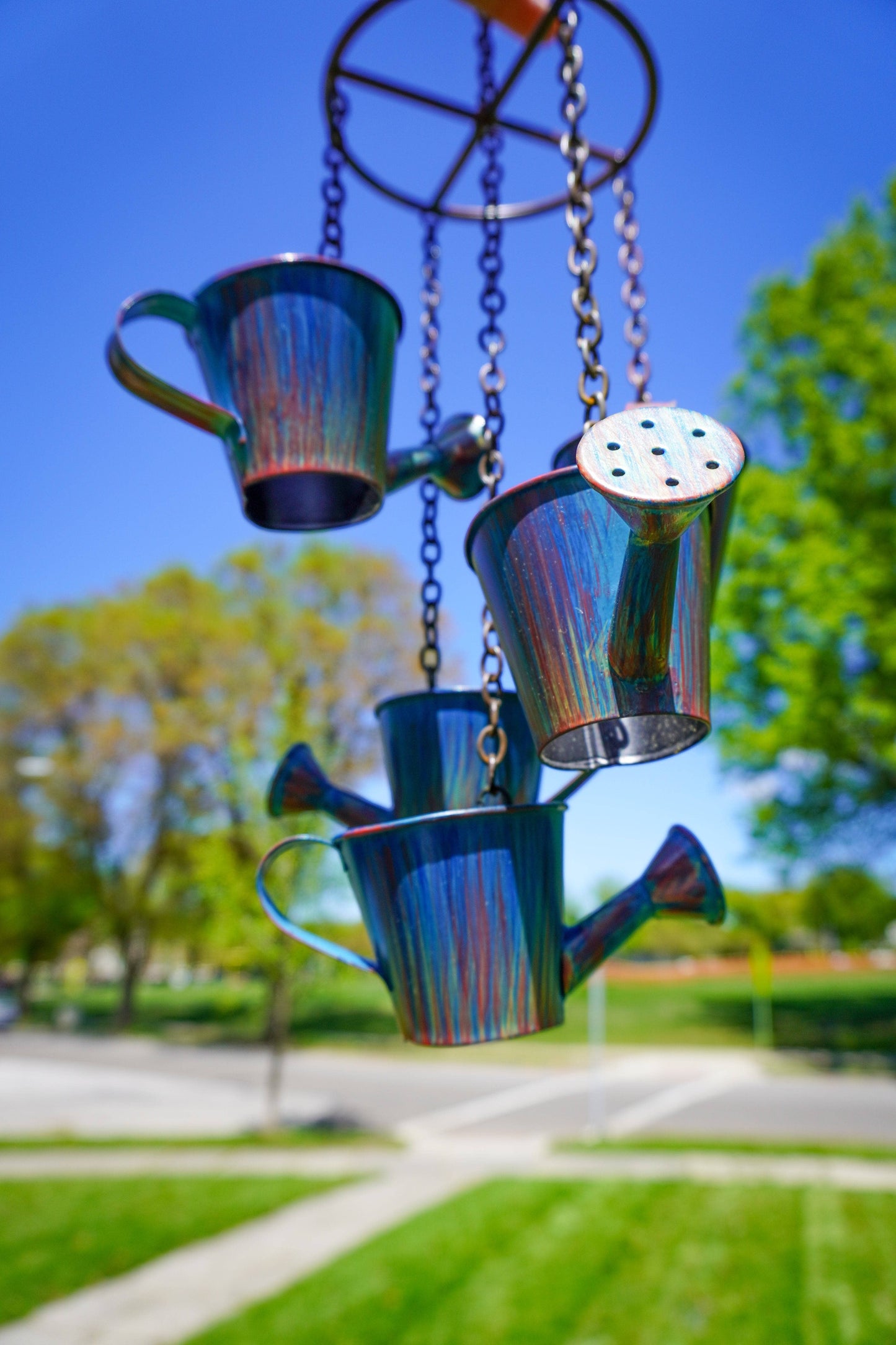 Watering Can Distressed Blue Hanging Mobile - Happy Gardens