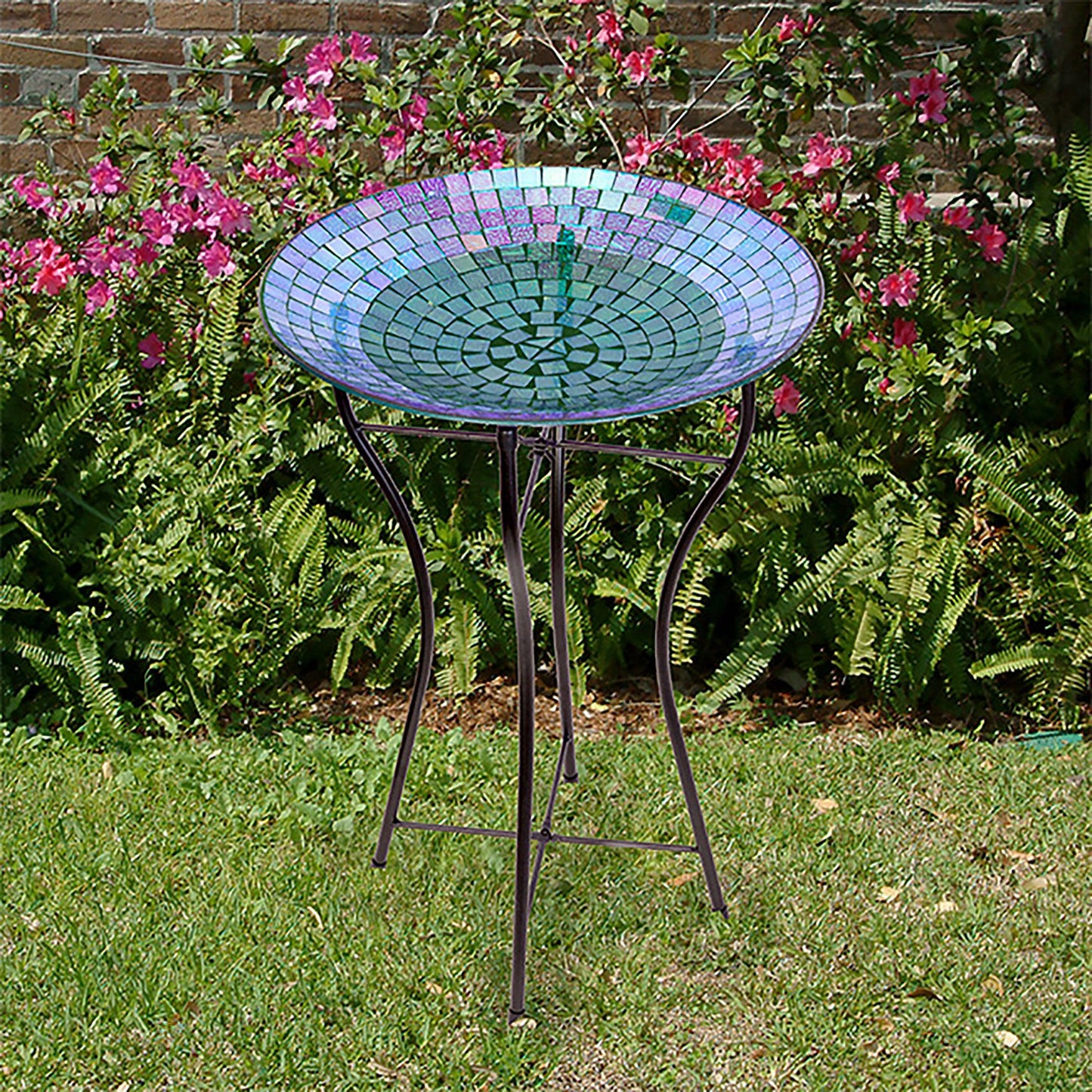 Rainbow Glass Mosaic Bird Bath with Steel Stand