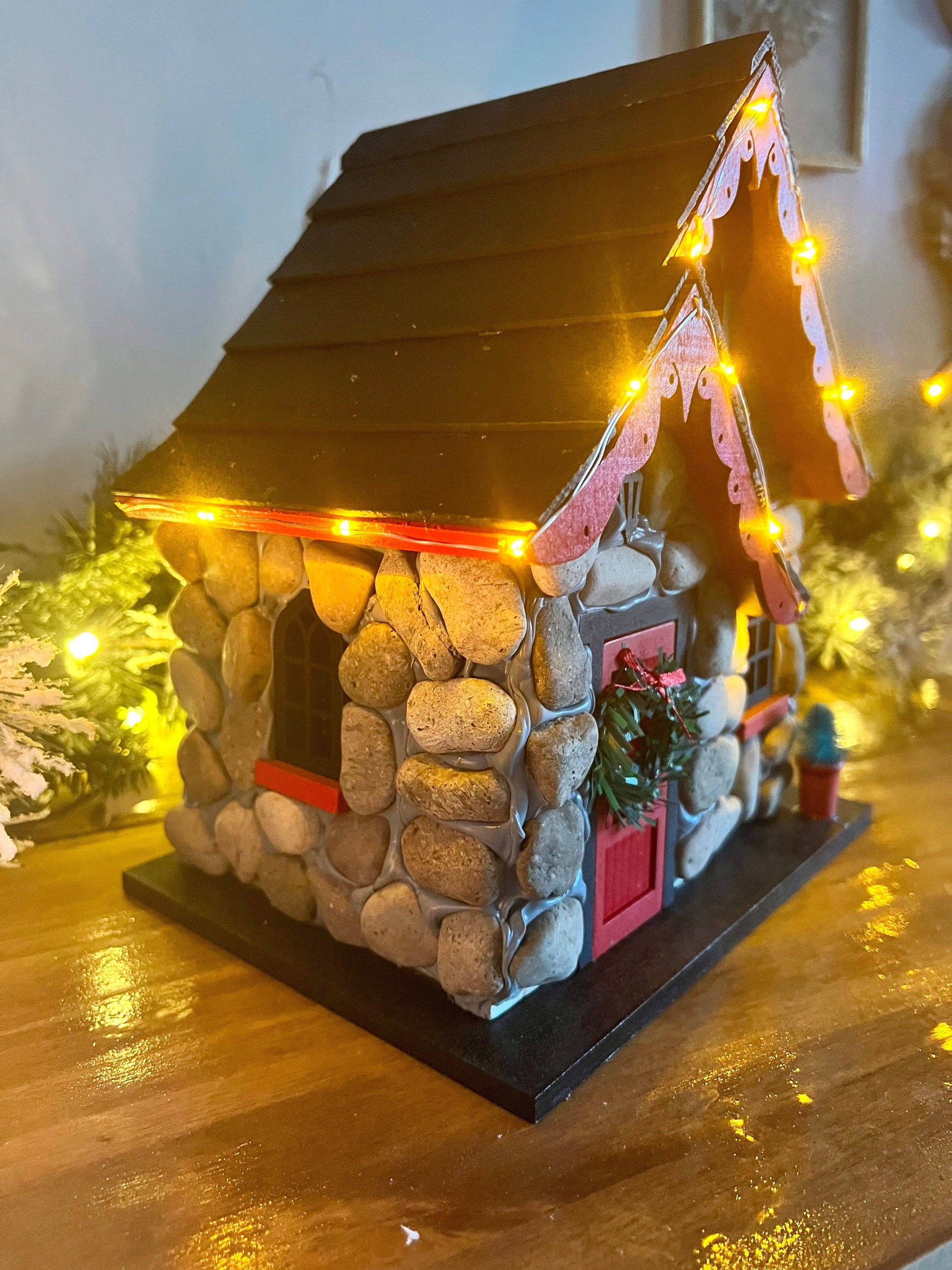 Charlevoix Stone Christmas Cottage with LED lights