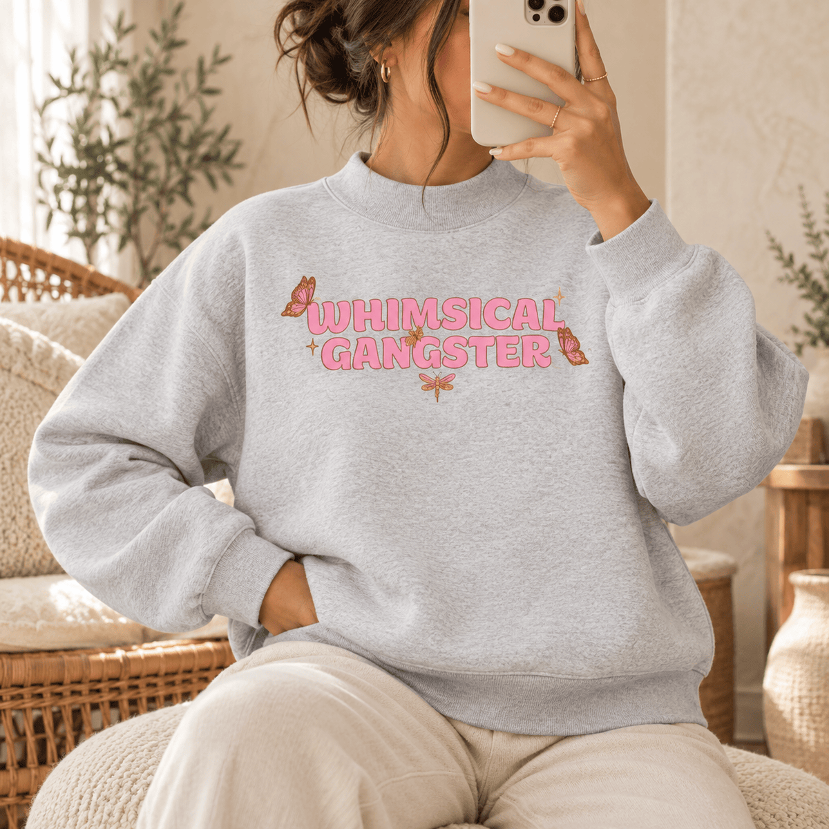 Whimsical Gangster Essential Fleece Mock-Neck Crew Sweatshirt