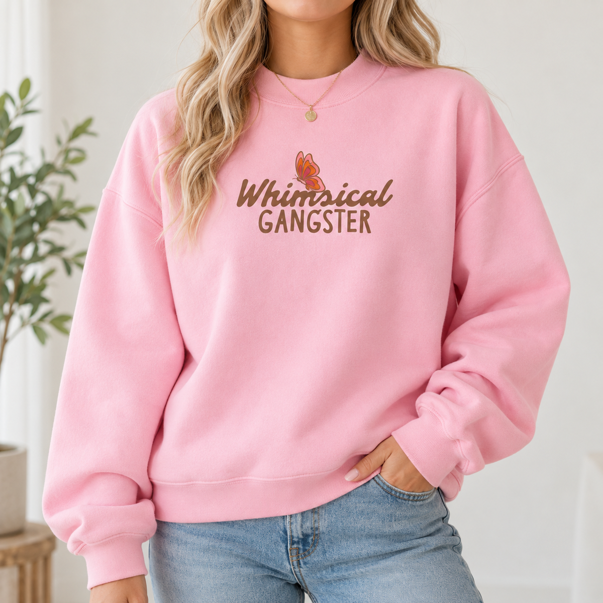 Whimsical Gangster Essential Fleece Mock-Neck Crew Sweatshirt
