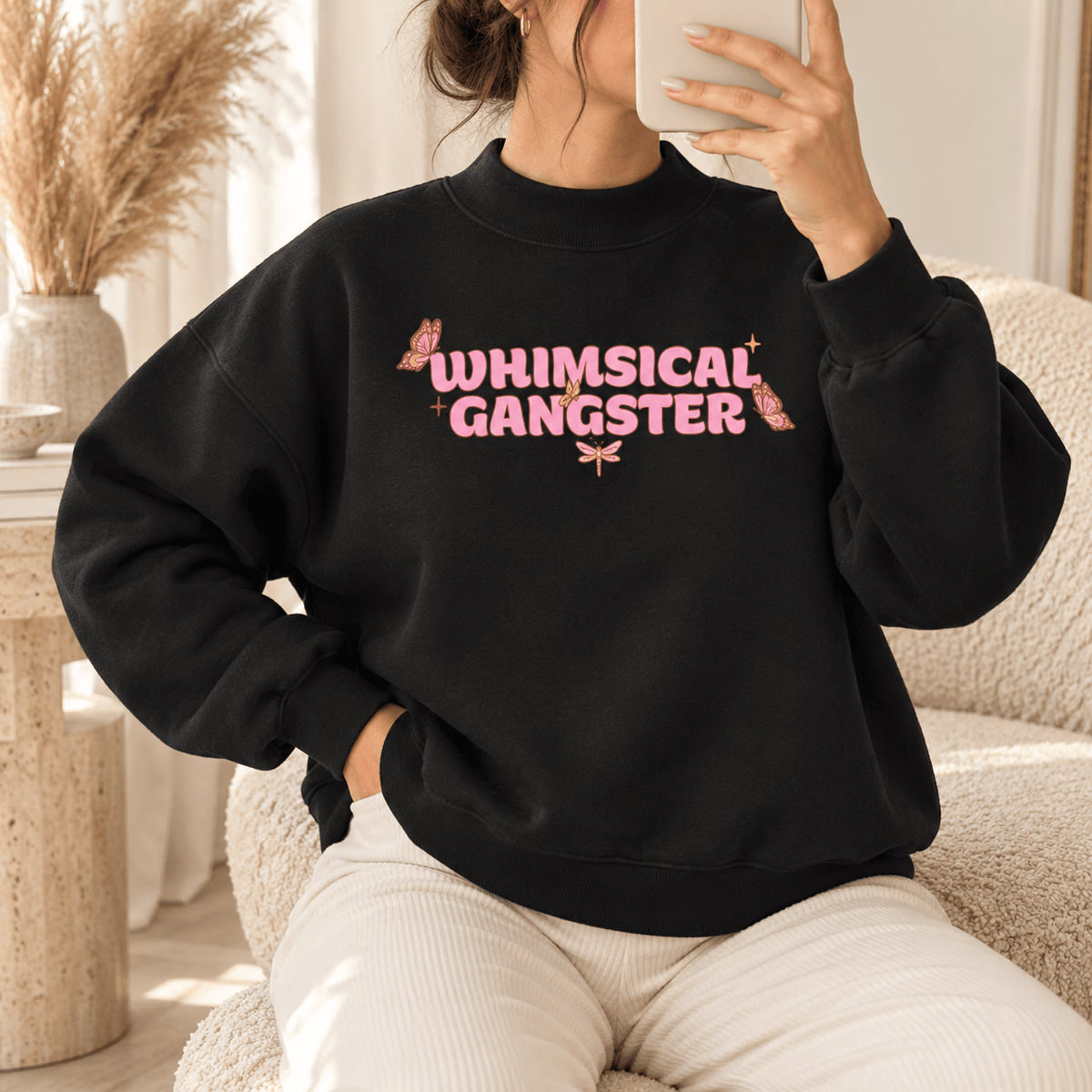 Whimsical Gangster Essential Fleece Mock-Neck Crew Sweatshirt