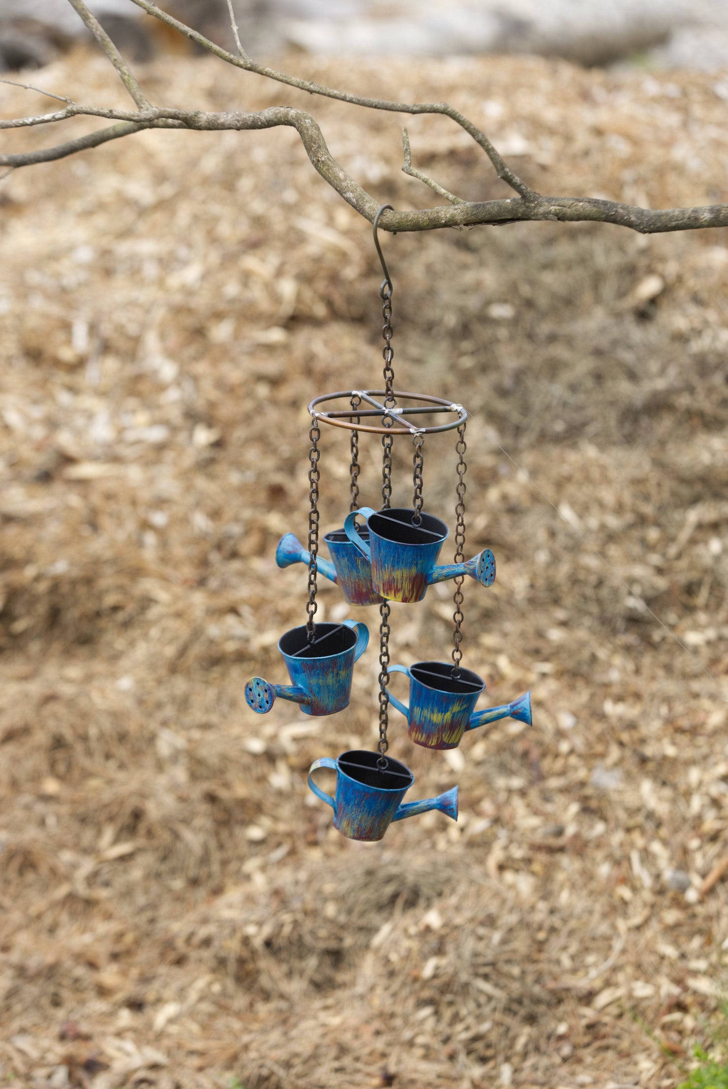 Watering Can Distressed Blue Hanging Mobile - Happy Gardens