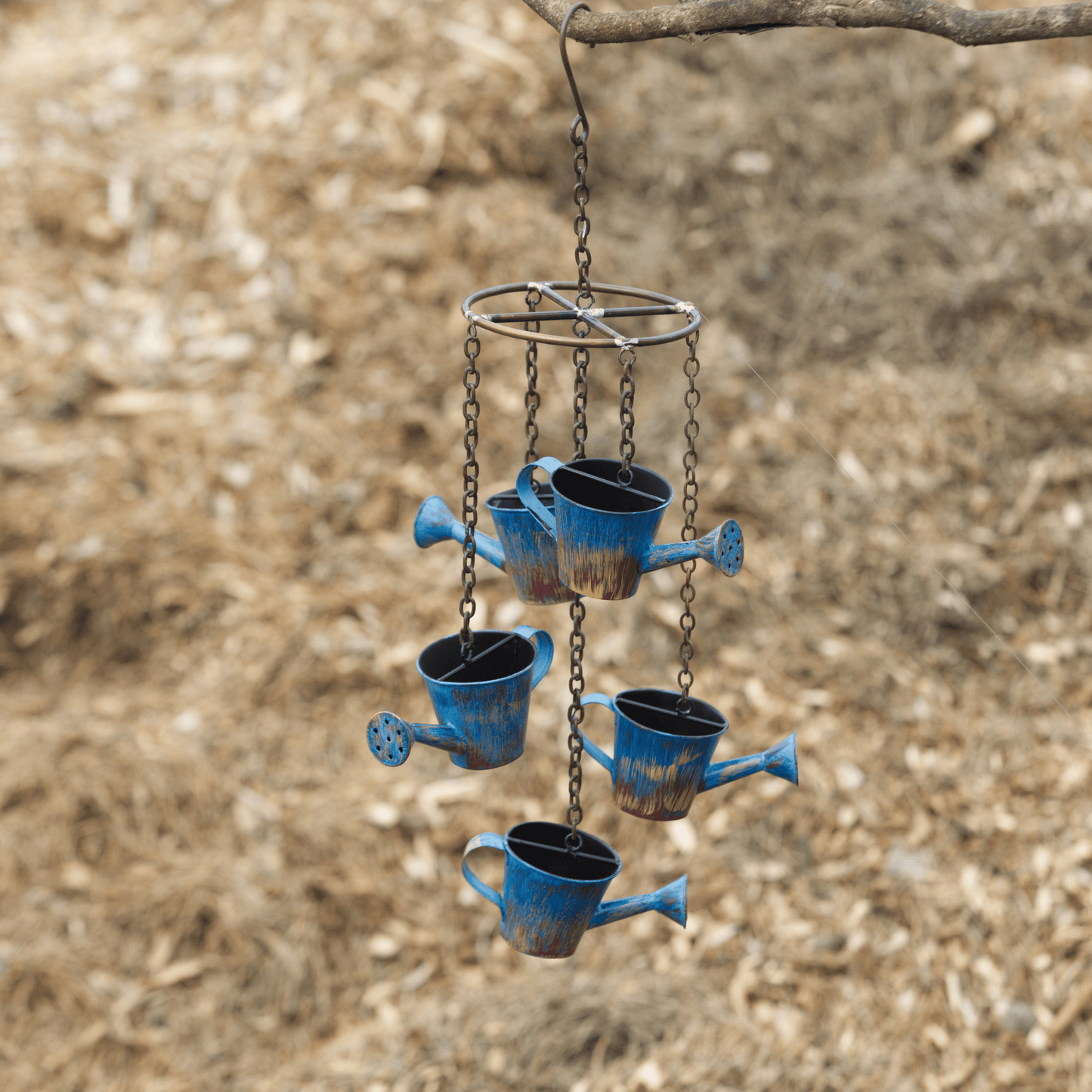 Watering Can Distressed Blue Hanging Mobile - Happy Gardens