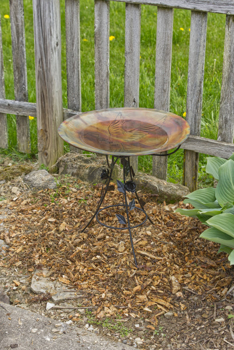 Etched Bird Standing Bird Bath - Flamed Finish - Happy Gardens