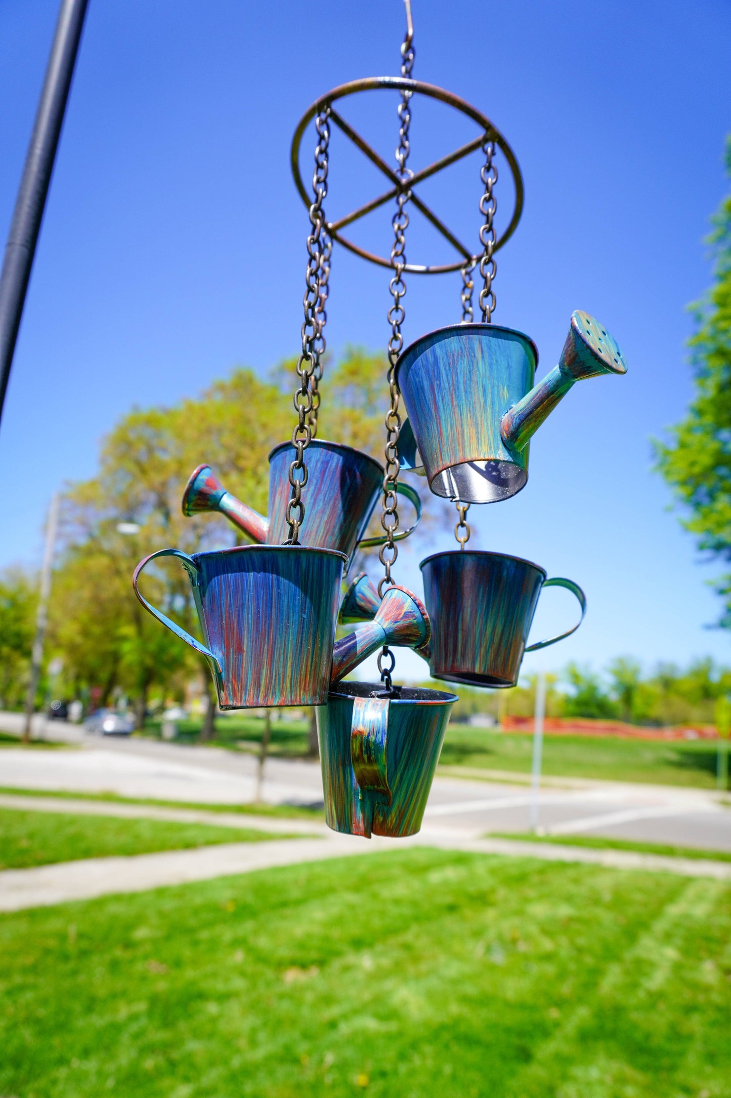 Watering Can Distressed Blue Hanging Mobile - Happy Gardens