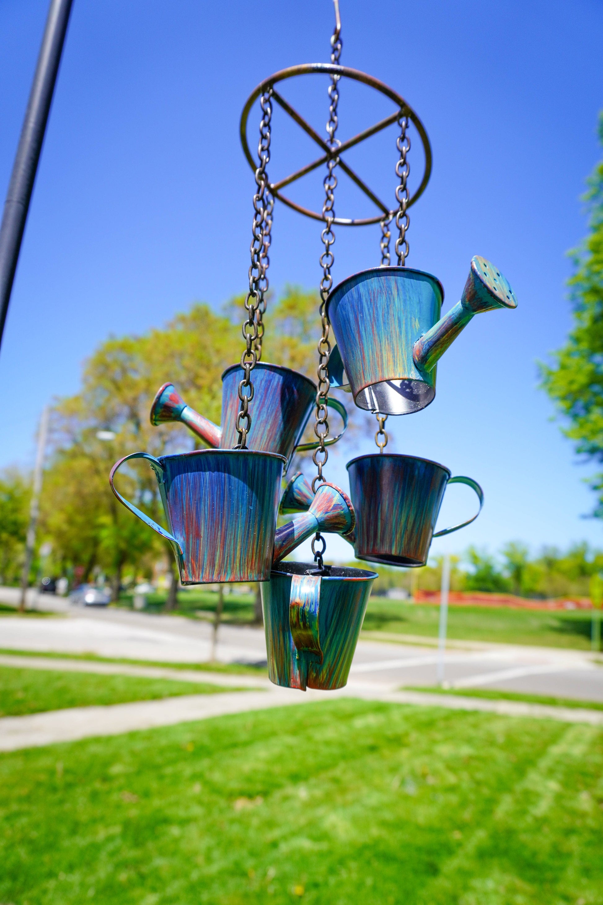 Watering Can Distressed Blue Hanging Mobile - Happy Gardens