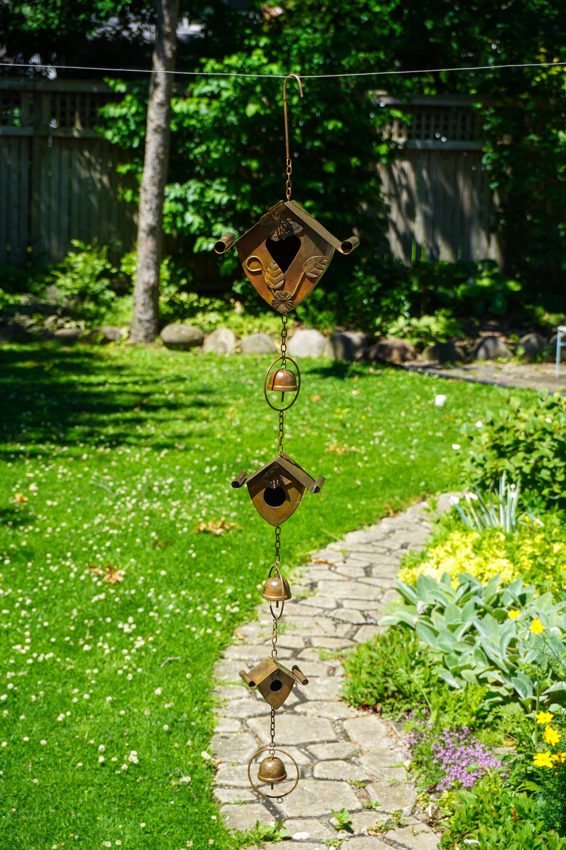 Happy Gardens - Triple Birdhouse and Bells Hanging Ornament