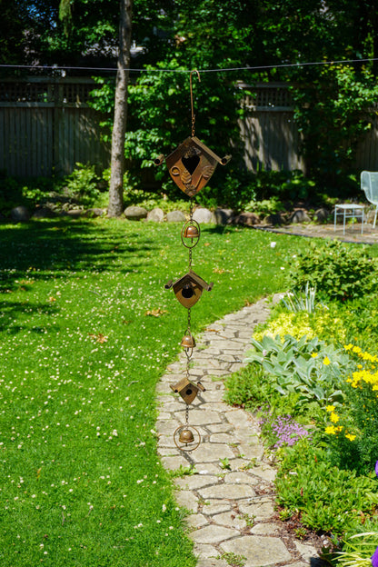 Happy Gardens - Triple Birdhouse and Bells Hanging Ornament
