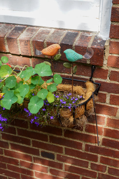 Window box with plants and colorful bird-shaped decorations on a brick wall