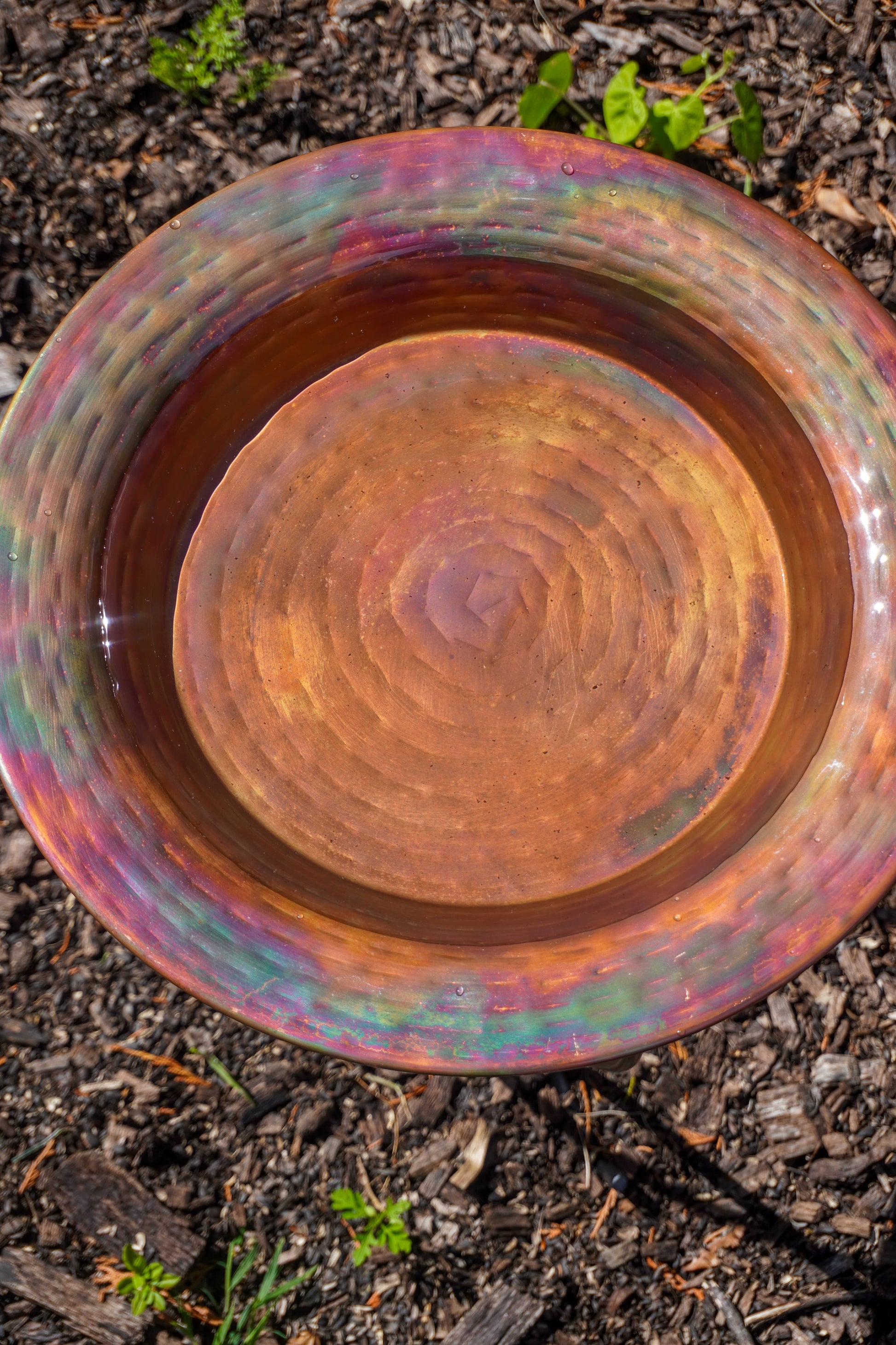 Hammered copper round birdbath with iridescent finish on curved metal stand.