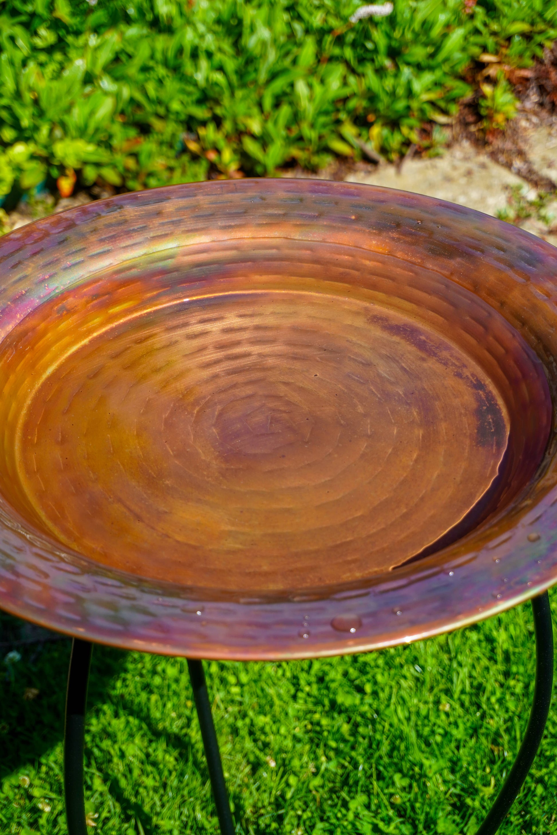 Hammered copper round birdbath with iridescent finish on curved metal stand.