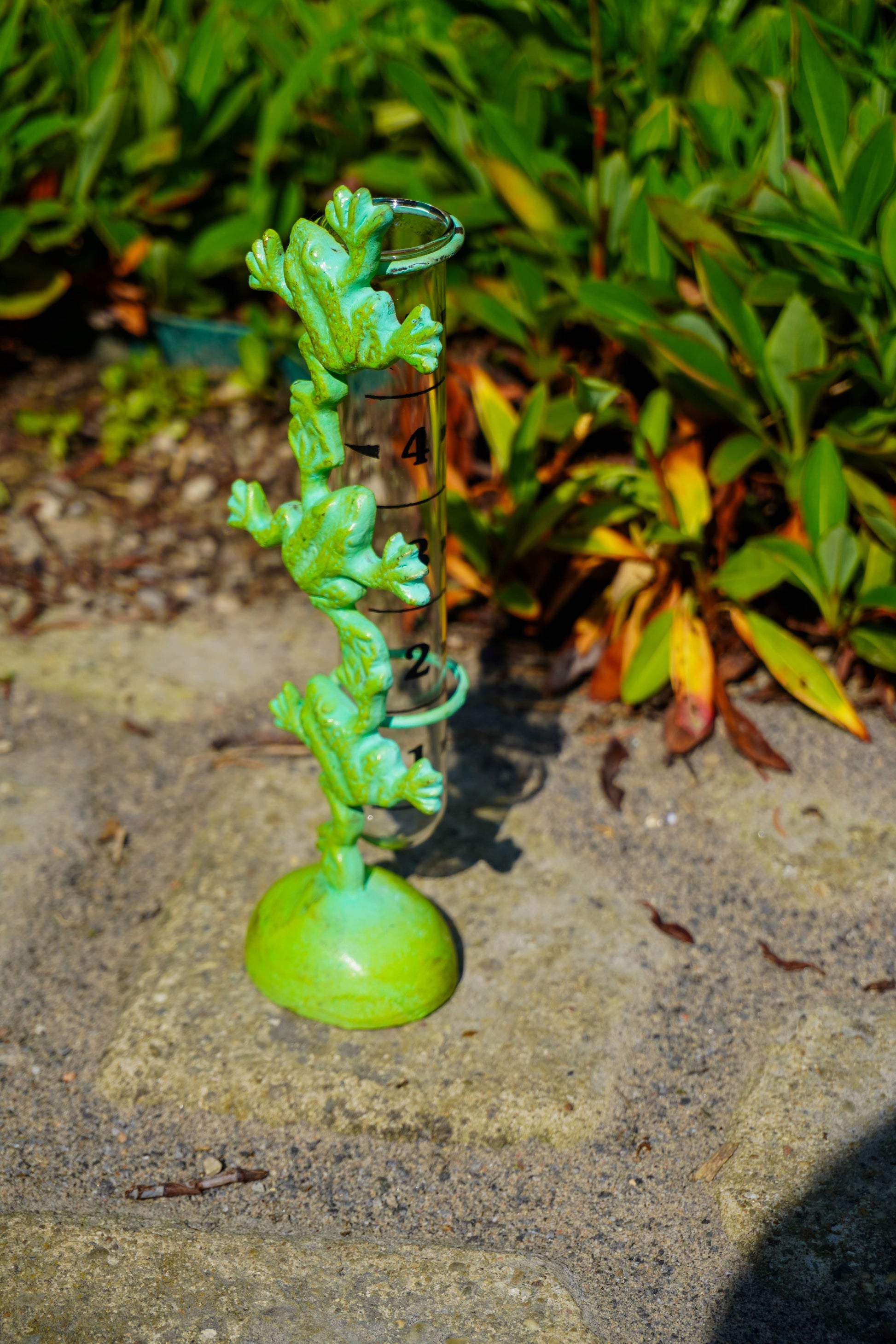 A green frog rain gauge photographed outdoors on a stone surface with blurred green plants in the background.