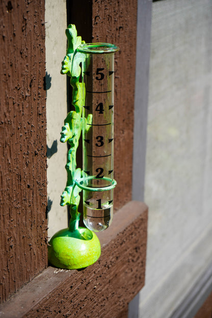 A decorative metal rain gauge thermometer with a green vine and apple-shaped base, mounted on a wooden door frame.