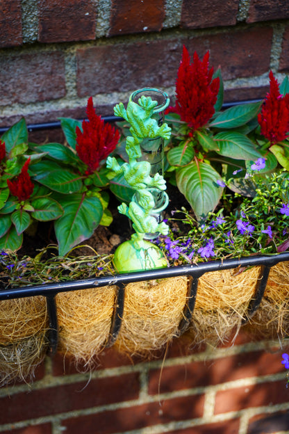 A black metal hanging planter filled with green foliage, bright red flowers, small purple blossoms, and a light green spiral succulent, set against a red brick wall.