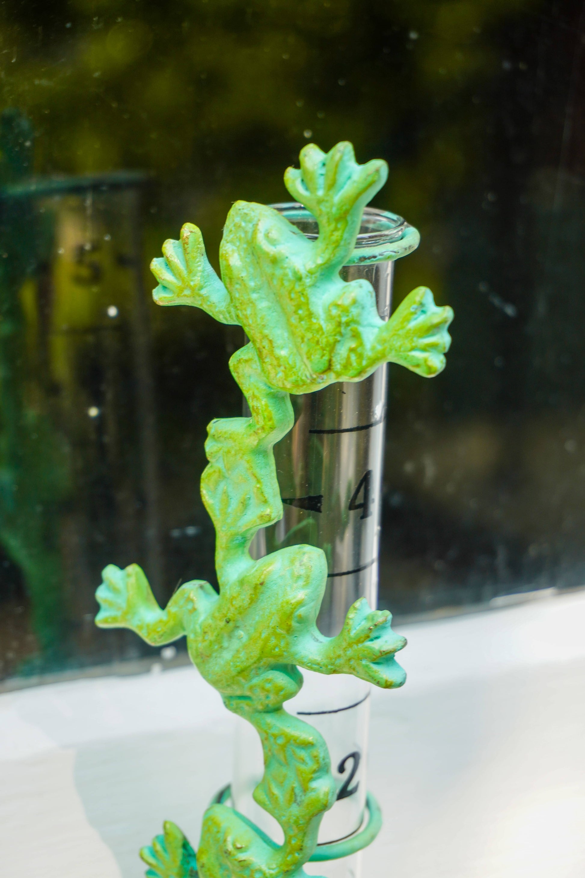A green frog-shaped decorative object wrapped around a clear cylindrical tube with printed measurement markings, photographed close up against a blurred dark background.