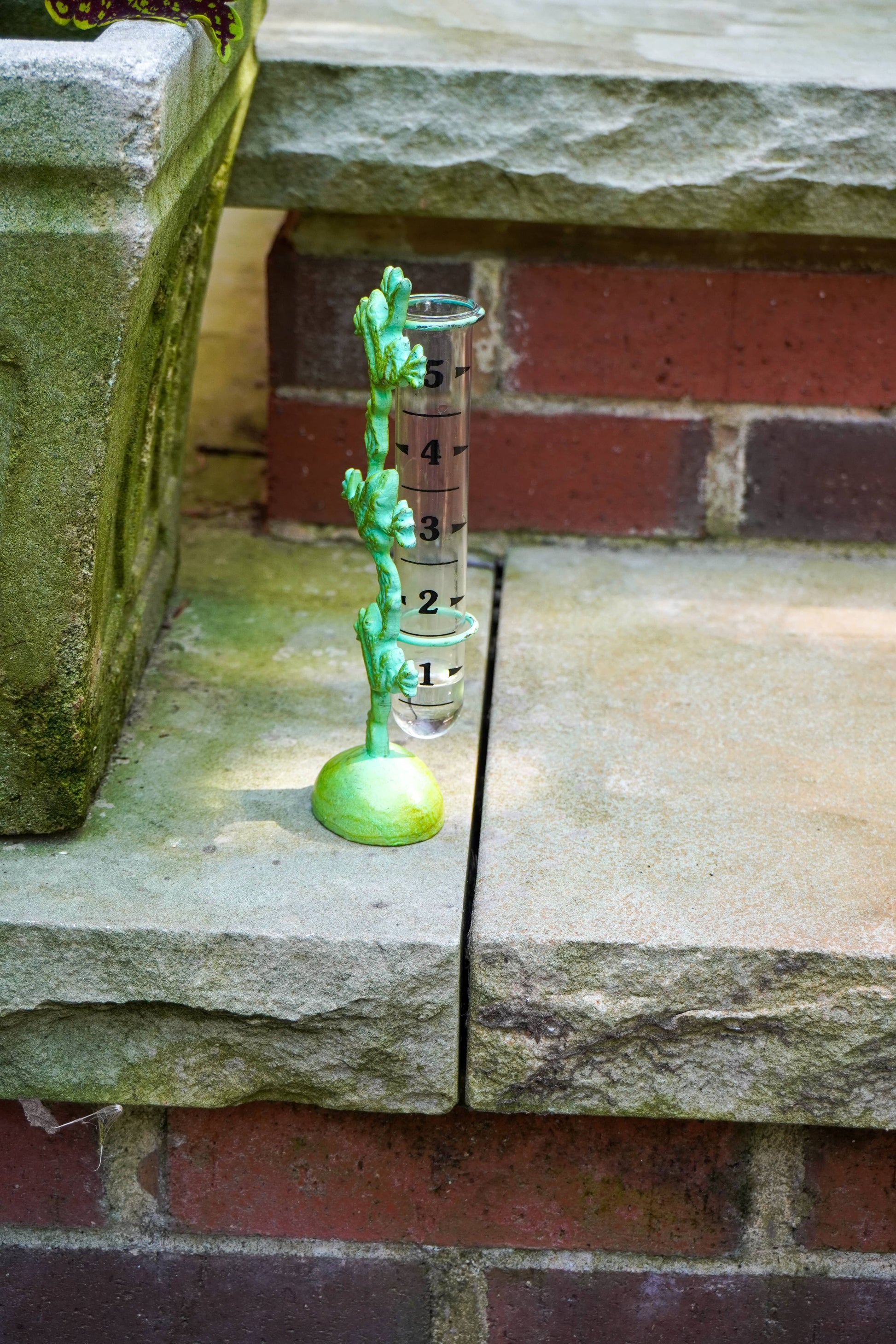 A green frog-shaped rain gauge with clear measuring tubes and black measurement markings, placed on a stone step in front of a brick wall.