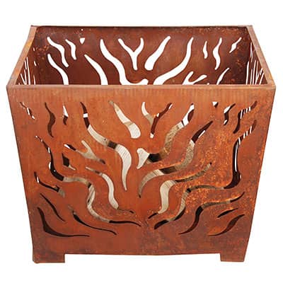 Rust-colored metal planter with tree-like cut-out design on a white background