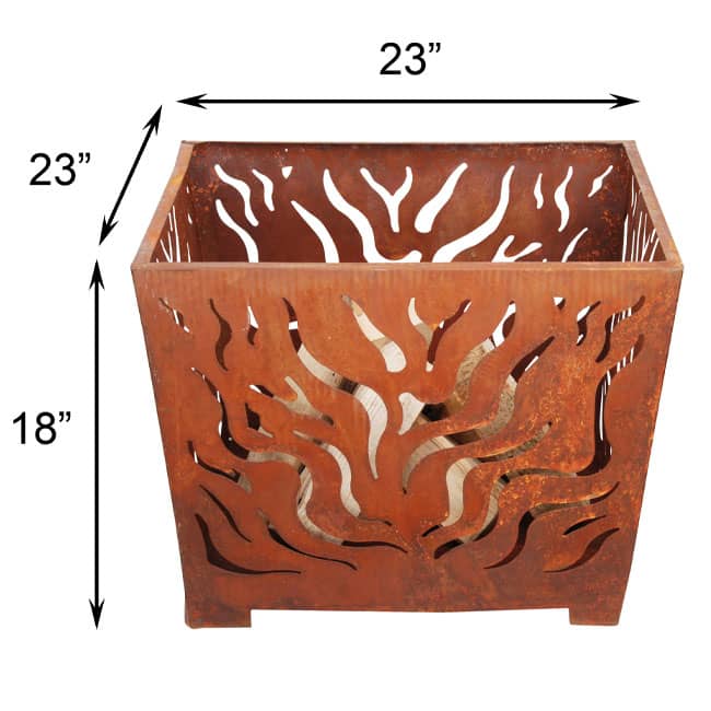 Rust-colored metal planter with cut-out design, dimensions labeled on a white background