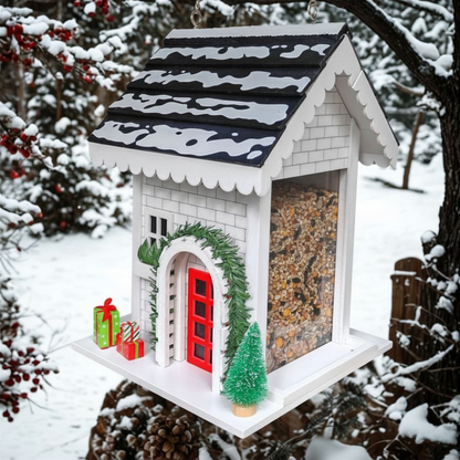 A white holiday bird feeder shaped like a small house, decorated with a red door, green garland, miniature Christmas tree, and gift boxes, shown hanging in a snowy outdoor yard.