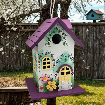 A decorative birdhouse shaped like a house, hanging outdoors in a garden. It has a purple roof and base, a white front, yellow window and door details, painted ladybugs, flowers, and a small white picket fence on the front.