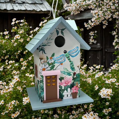A decorative birdhouse with a light blue roof and perch, decorated with a hand-painted tropical dragonfly and floral design. It features a small pink-framed brown door and is shown hanging in front of a garden with white flowers.