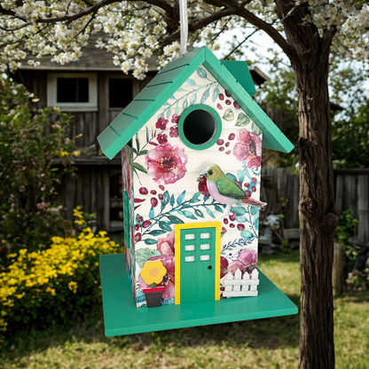 A decorative hanging birdhouse shaped like a house, painted with a floral pattern on the front and sides, a green roof and perch, a small yellow door, and a white picket fence detail, photographed outdoors in a garden tree setting.