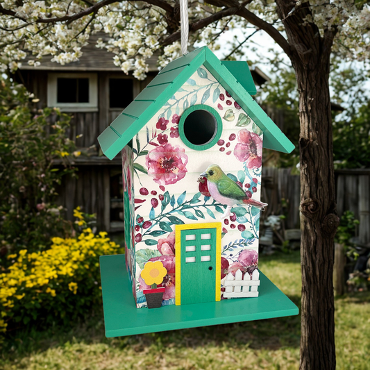 A decorative hanging birdhouse shaped like a house, painted with a floral pattern on the front and sides, a green roof and perch, a small yellow door, and a white picket fence detail, photographed outdoors in a garden tree setting.