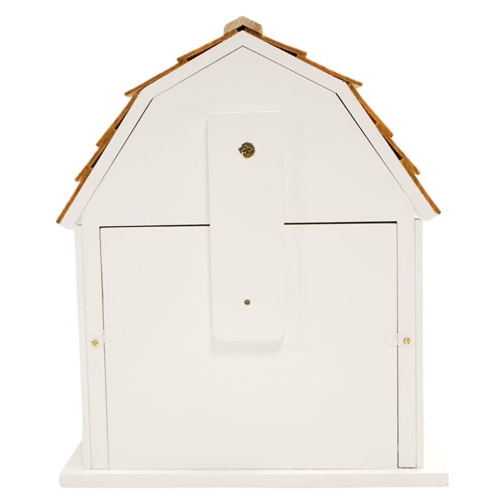 A white wooden birdhouse-style with a brown shingled roof and small gold-tone hardware, shown against a plain white background.