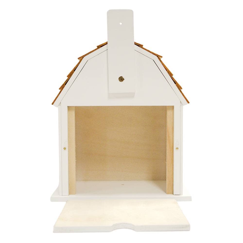 A small white wooden house-shaped cabinet or display box with a slatted front, light natural wood interior, and a brown shingled roof, shown on a plain white background.