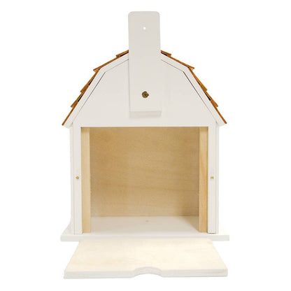 A small white wooden house-shaped cabinet or display box with a slatted front, light natural wood interior, and a brown shingled roof, shown on a plain white background.