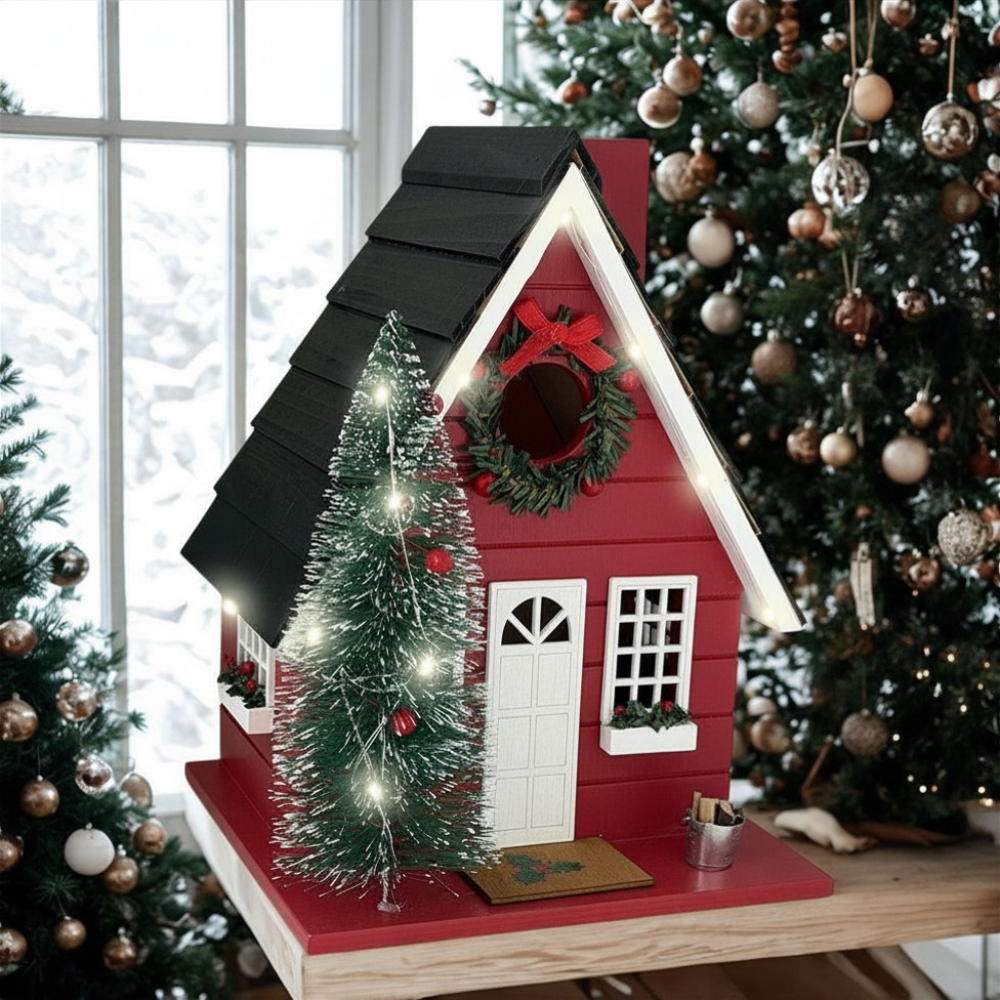 A red Christmas birdhouse-shaped decorative tree stand with a small lit Christmas tree in front, set on a wooden surface between decorated Christmas trees and a snowy window.