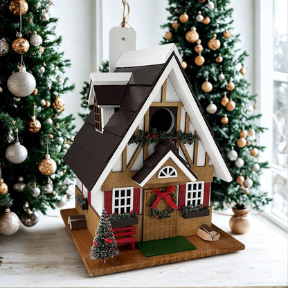 A decorative gingerbread birdhouse styled as a Christmas cottage with a dark brown roof, white trim, red shutters, a wooden door with a red bow, and a small tree on a base, set in front of decorated Christmas trees.