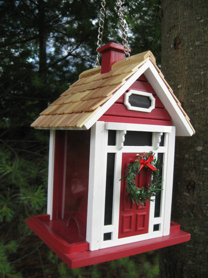 Red Christmas Cottage Bird Feeder