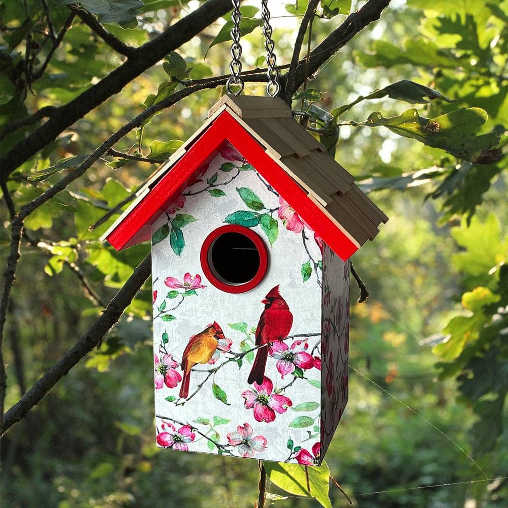 Decorative birdhouse with red and yellow birds and pink flowers hanging from a tree.