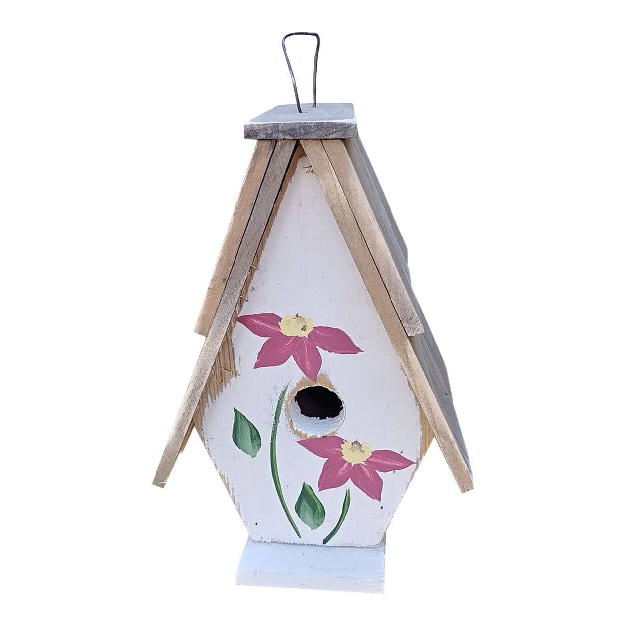 A-Frame Birdhouse With Hand Painted Flowers / Wood Roof