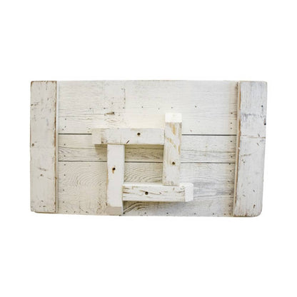 A rustic white-painted wooden wall hook or pegboard made from distressed horizontal planks with a central hanging bracket, shown against a plain white background.