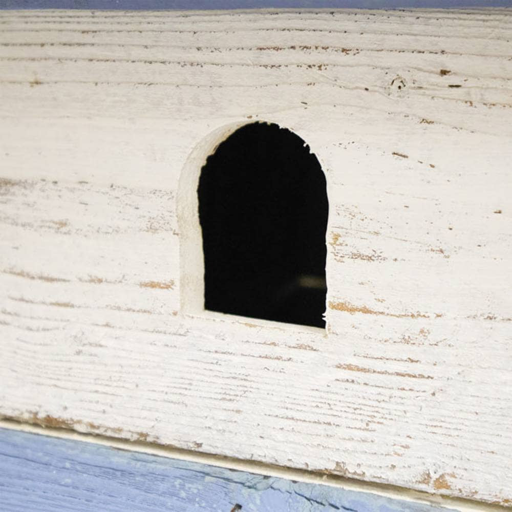 Close-up of a distressed white wooden surface with a small arched dark opening, showing wood grain and peeling paint.