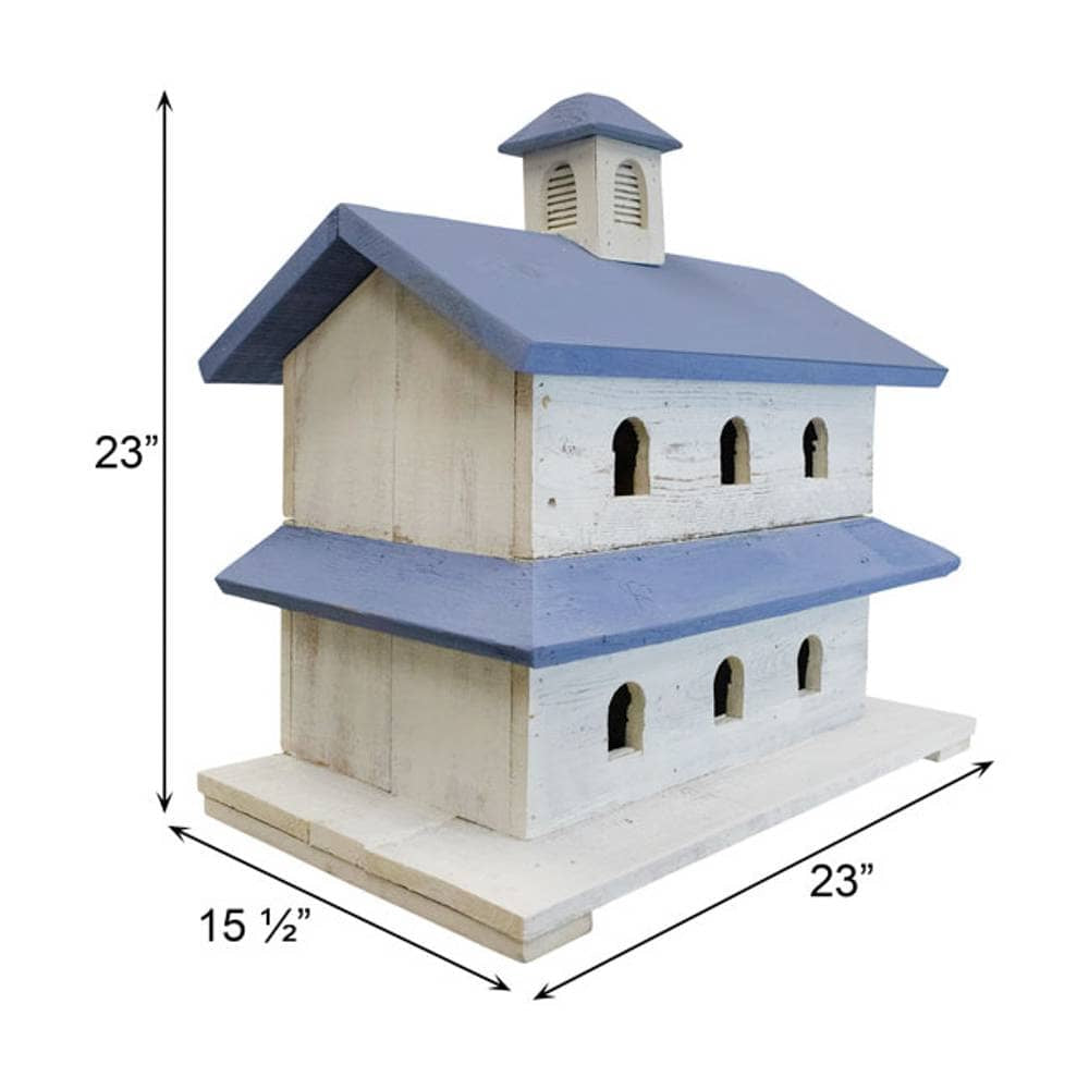 A small wooden birdhouse shaped like a church, shown with dimension arrows and labels indicating 23 inches in height, 23 inches in width, and 15 1/2 inches in depth on a white background.