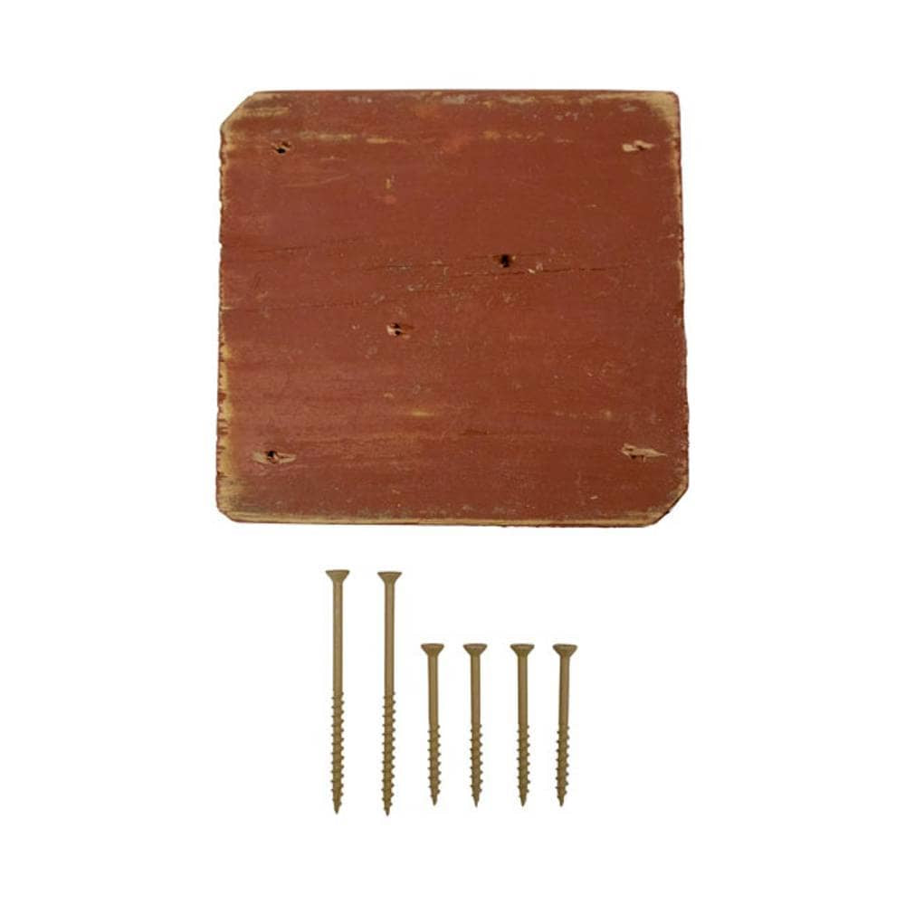 A square rustic wooden board with rounded corners and five matching wood screws, shown on a plain white background.