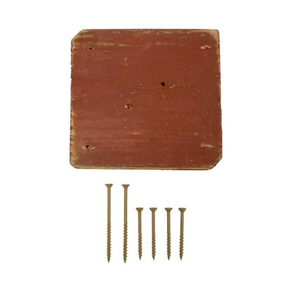 A square rustic wooden board with rounded corners and five matching wood screws, shown on a plain white background.