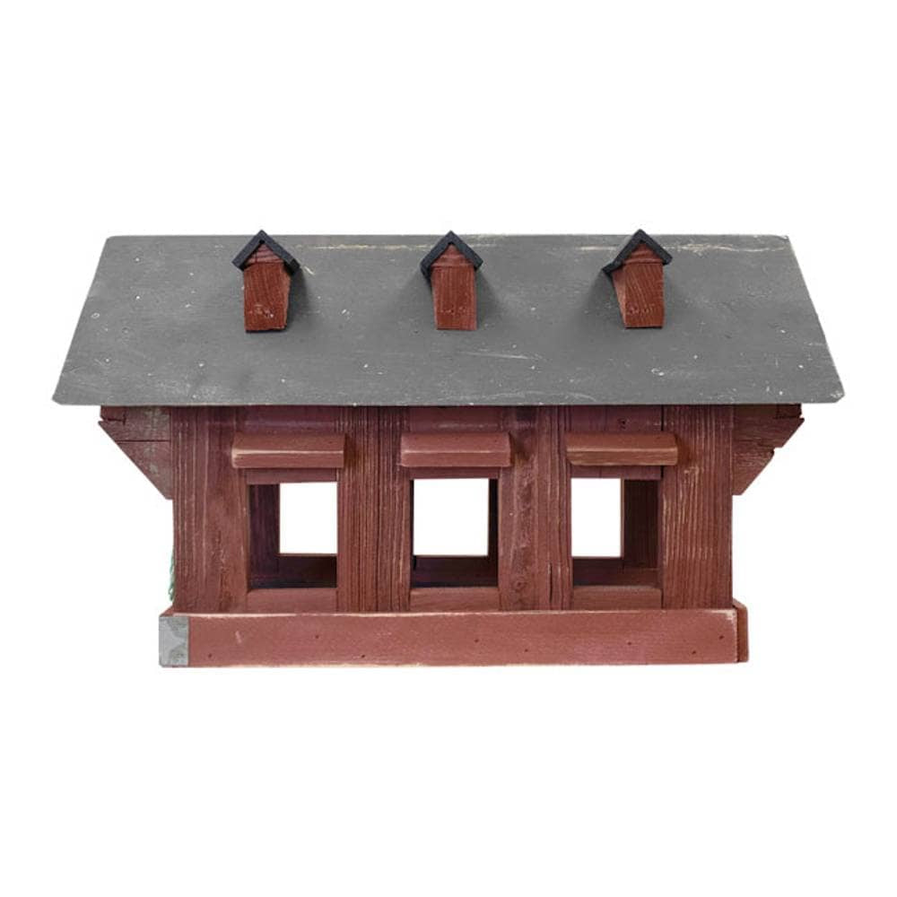 Wooden bird feeder with a gray roof on a white background