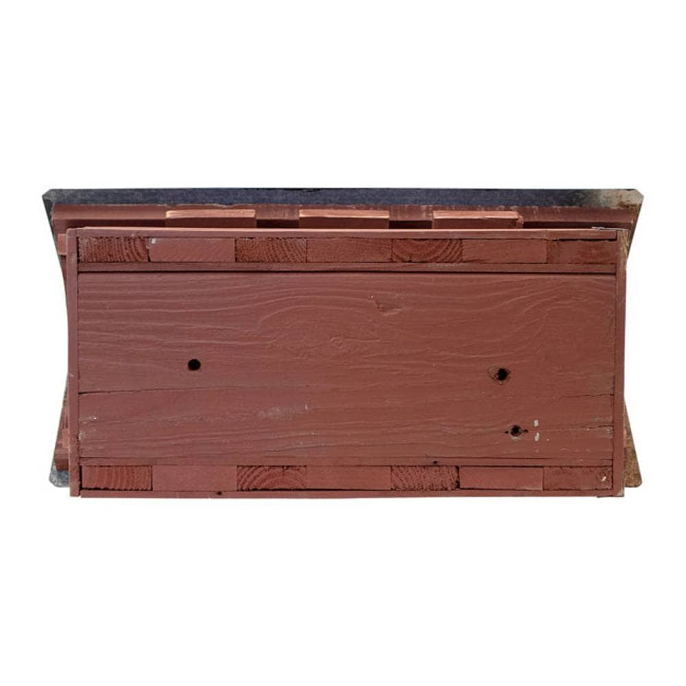 A rustic wooden box with a reddish-brown painted finish and visible wood grain, photographed against a plain white background.