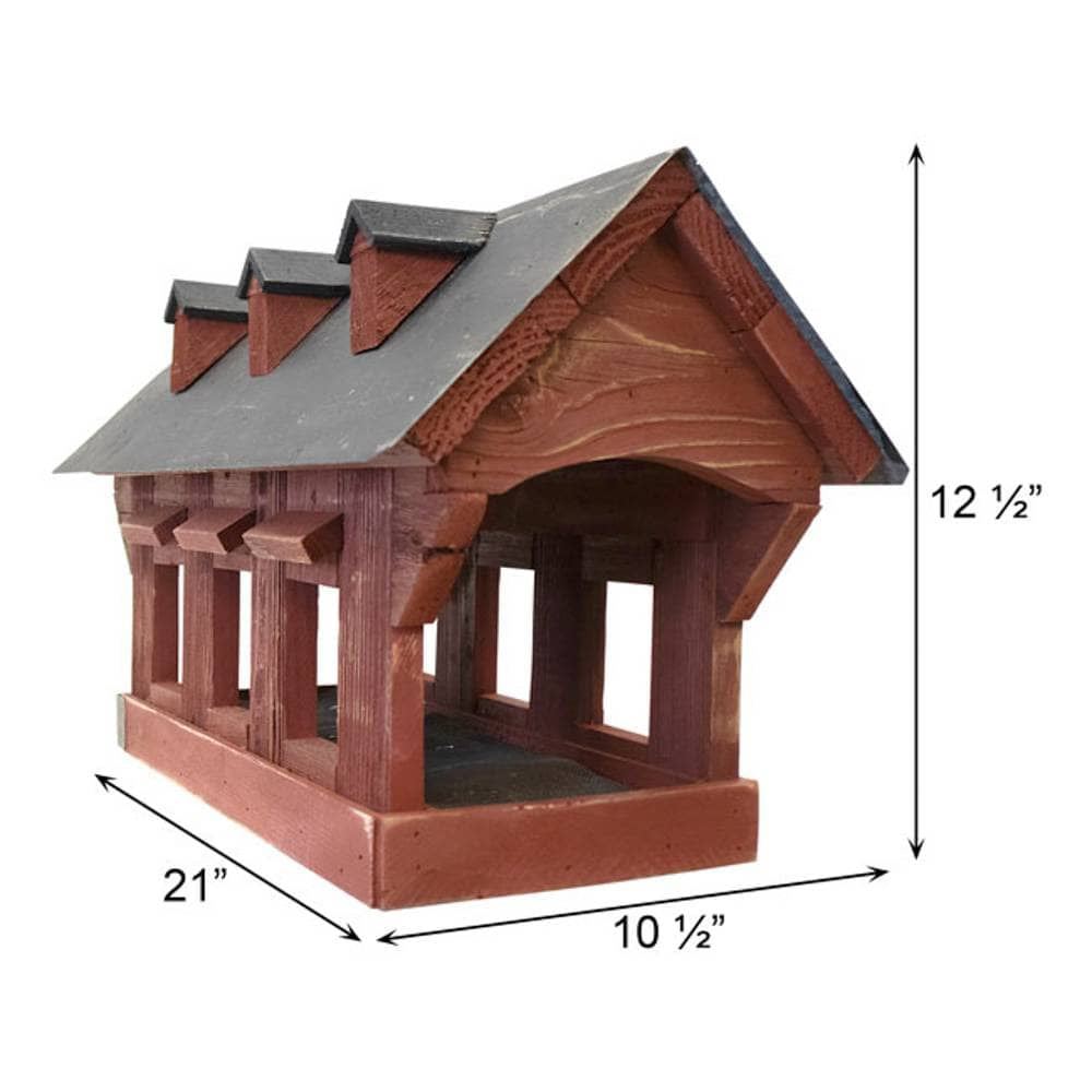 A wooden birdhouse-style feeder with a dark gray roof, shown on a white background with dimension arrows and labels indicating 21 inches width, 10 1/2 inches depth, and 12 1/2 inches height.