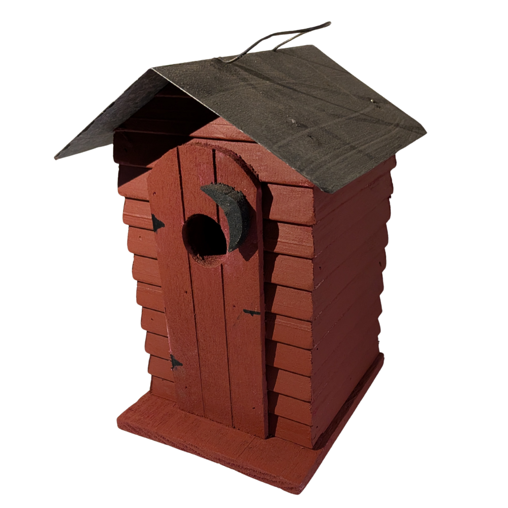 A rustic birdhouse with a reddish-brown wooden body, a dark gray metal roof, and a curved black metal entry door, shown on a plain white background.