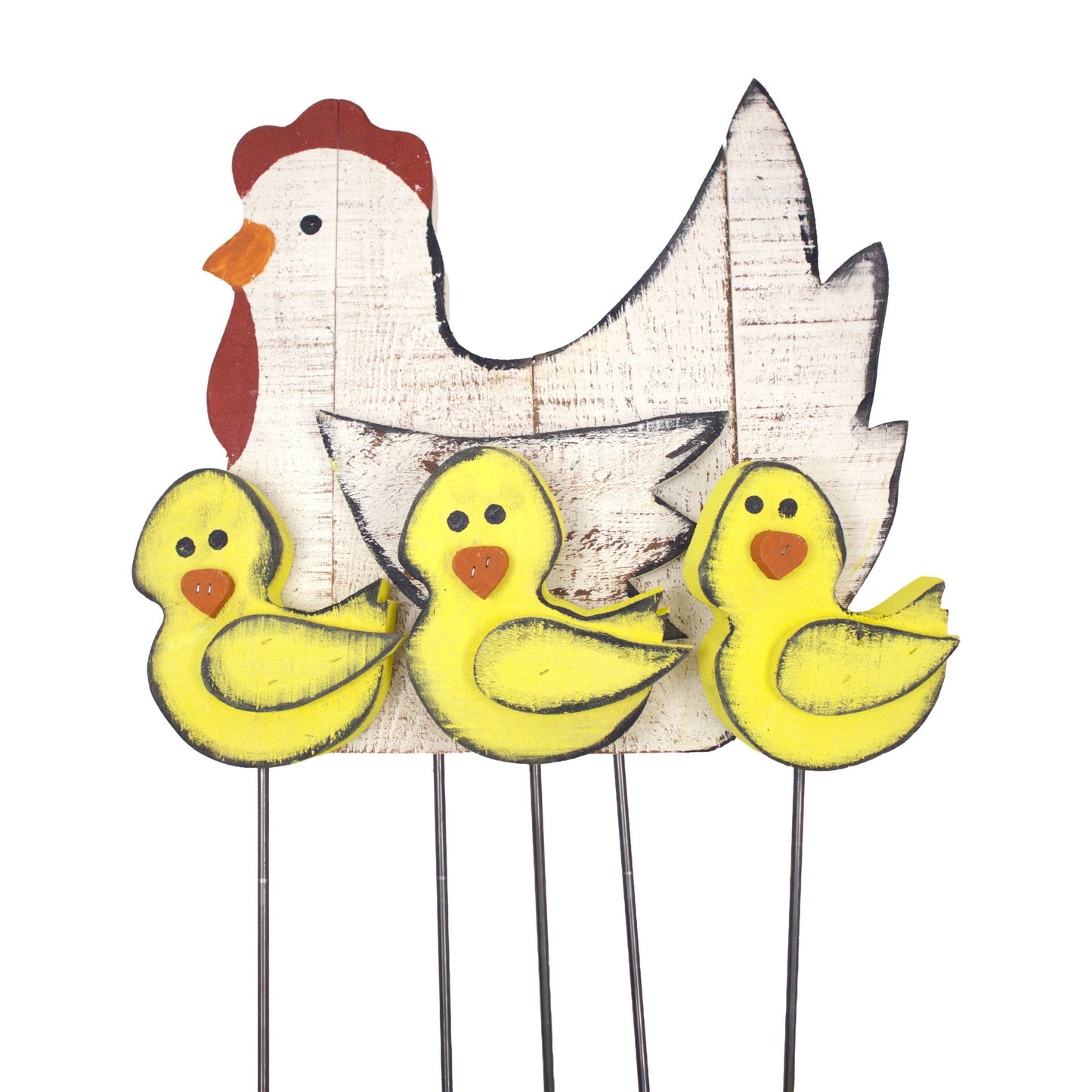 A decorative garden stake set featuring a distressed white wooden hen with a red comb and three yellow chicks with orange beaks, mounted on thin metal stakes against a white background.