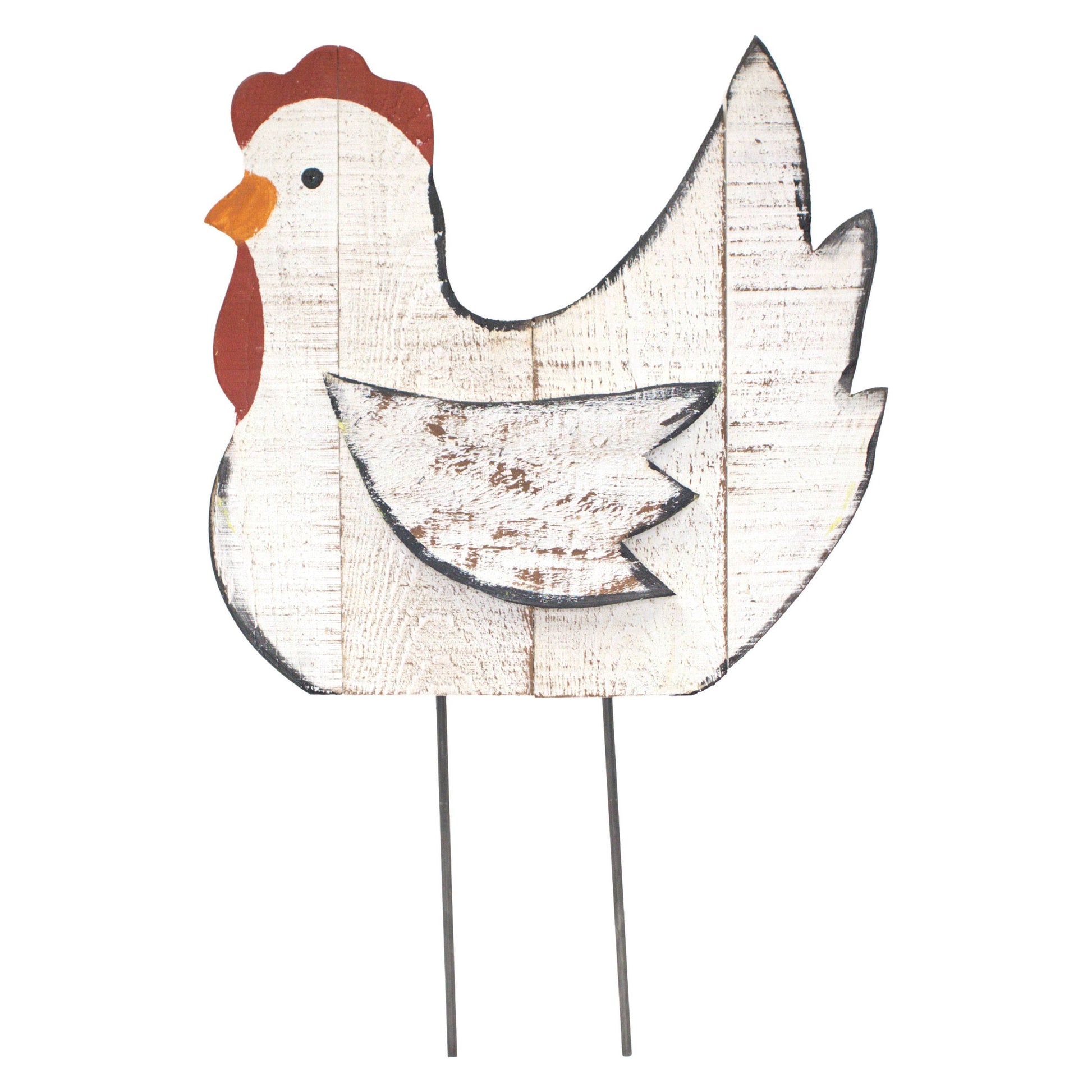 A rustic decorative chicken yard sign made from distressed white wood planks with a reddish-brown comb and wattle, a small orange beak, and thin metal stakes.