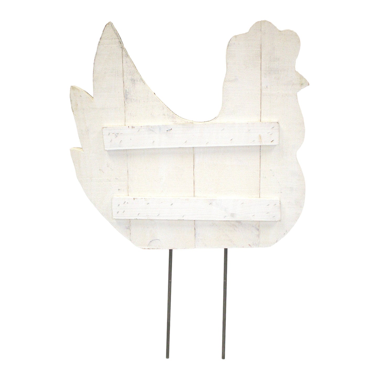 A rustic white wooden chicken-shaped yard sign with two metal stakes, shown against a plain white background.