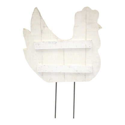 A rustic white wooden chicken-shaped yard sign with two metal stakes, shown against a plain white background.